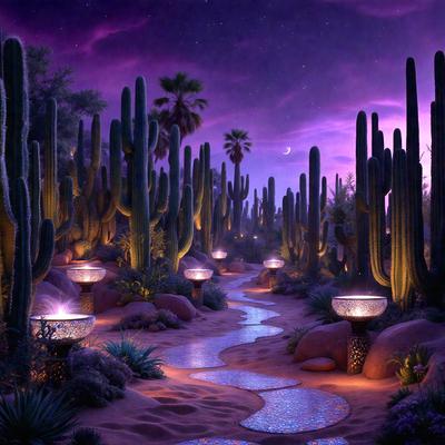 The primary subject of the image is a beautifully designed garden with a stream of water flowing through it. The garden is filled with various cacti, creating a unique and visually appealing environment. The setting is a desert-like area, with a purple sky in the background, adding to the overall atmosphere. The visual style of the image is a combination of digital art and illustration, creating a vibrant and captivating scene. The colors and mood of the image are predominantly purple, which gives